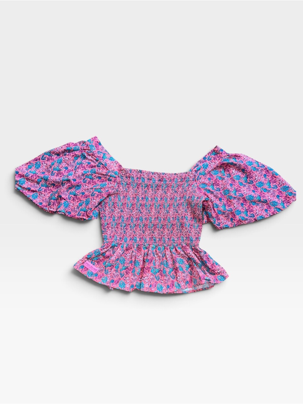 Simply Southern Seahorse Shirred Smocked Peplum Blouse Puff Sleeve Top